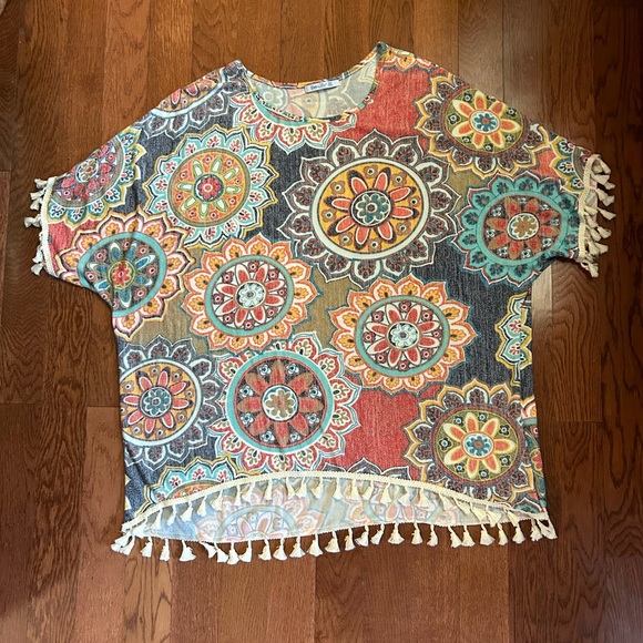 Bohemian Mandala Print Multicolor Swim Cover-Up with Tassels. One size. - Picture 2 of 9